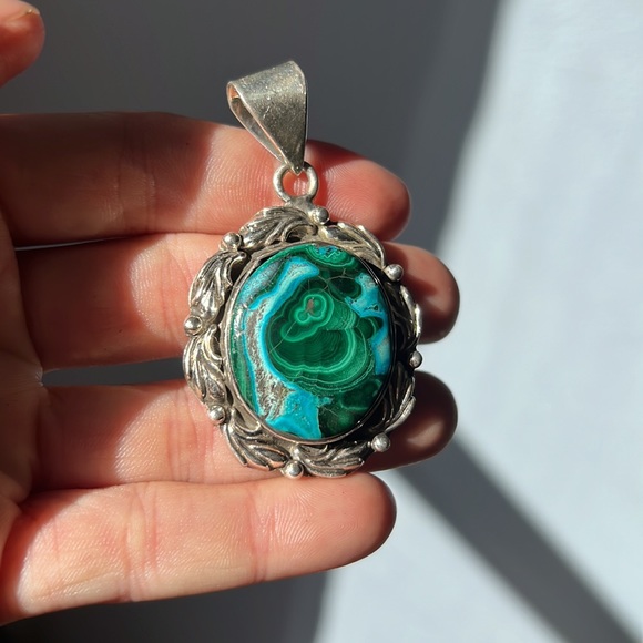 Sterling Silver 925 Malachite Chrysocolla Large Heavy Handmade Unique Pendant - Picture 3 of 3